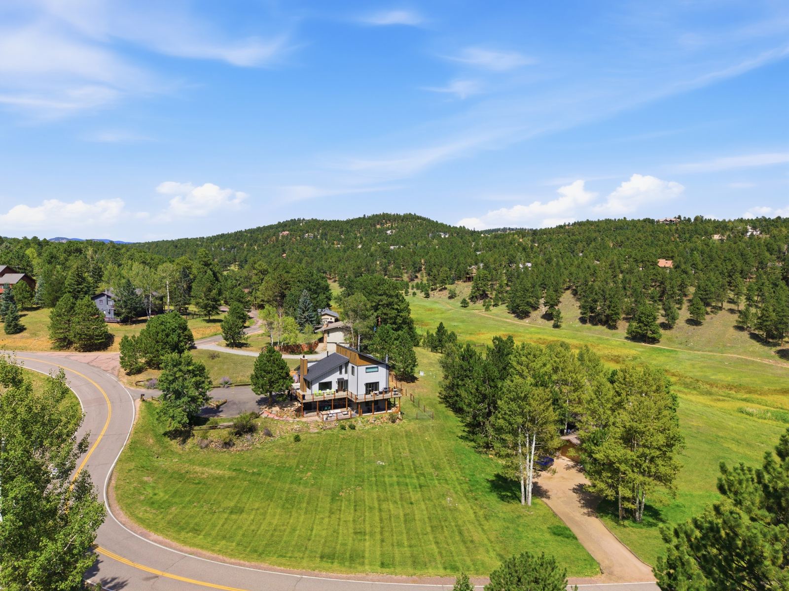 Drone photo of a Colorado foothills home and lot